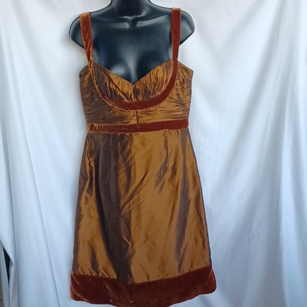 Badgley Mischka Sleeveless Silk Cocktail Dress, velvet trim, shiny, brown/burnt